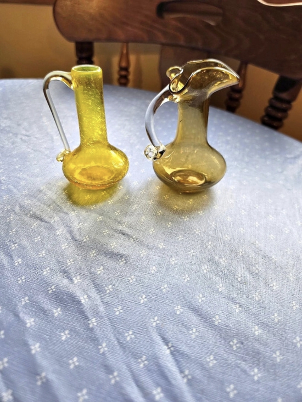 Vintage Mid-Century Hand Blown Crackle Glass Mini Pitchers Cruets Set Of 2